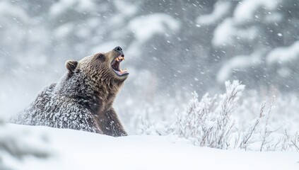 Obraz premium Grizzly Bear Roaring in a Snowstorm