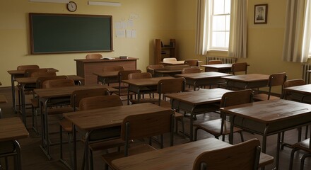 Vintage Classroom with Desks, Blackboard and Empty Chairs