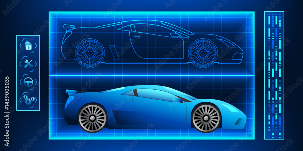 Poster digital twin of a supercar represents the development of vehicle innovation, performance analysis an