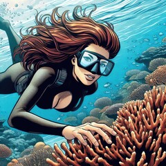 Young female freediver swims underwater and explores the healthy coral reef , illustration