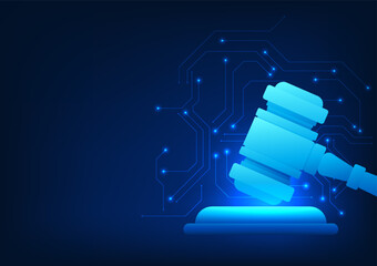 LegalTech, a legal hammer with a technology circuit line, represents the change in law that brings technology to enhance the justice process and the transparency of the legal system.