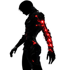 Silhouette of a cyberpunk warrior in black, isolated on transparent background
