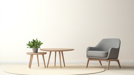 Modern Interior with Gray Armchair Round Tables and Houseplant for Home Decor