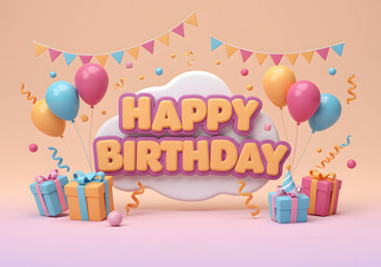 Happy Birthday! 3D Rendered Festive Background with Balloons and Gifts