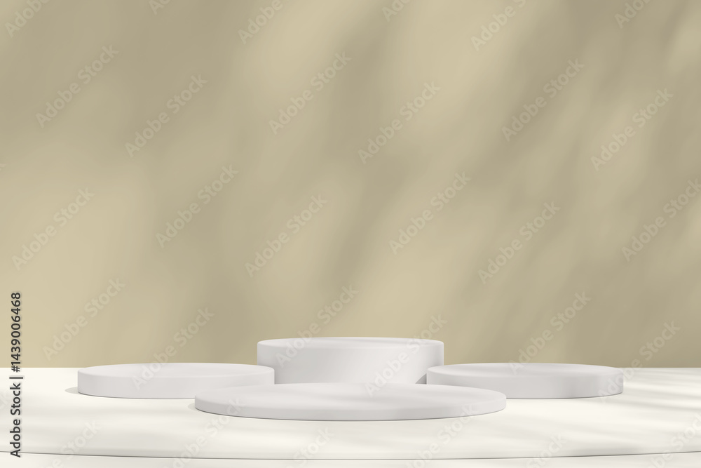 Poster simple white podiums on a soft greenish background, casting gentle shadows, creating an ideal displa