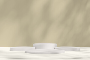 Simple white podiums on a soft greenish background, casting gentle shadows, creating an ideal display environment for products.