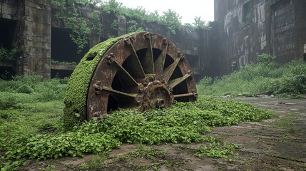 Overgrown Rusty Wheel in Abandoned Industrial Site Dominated by Nature