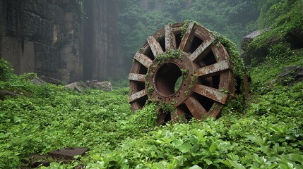 Overgrown Rusty Wheel Nature's Reclamation of Industrial Past Amidst Lush Foliage