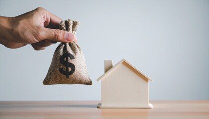 Obraz premium A hand holding a money bag over a miniature house, symbolizing investment.