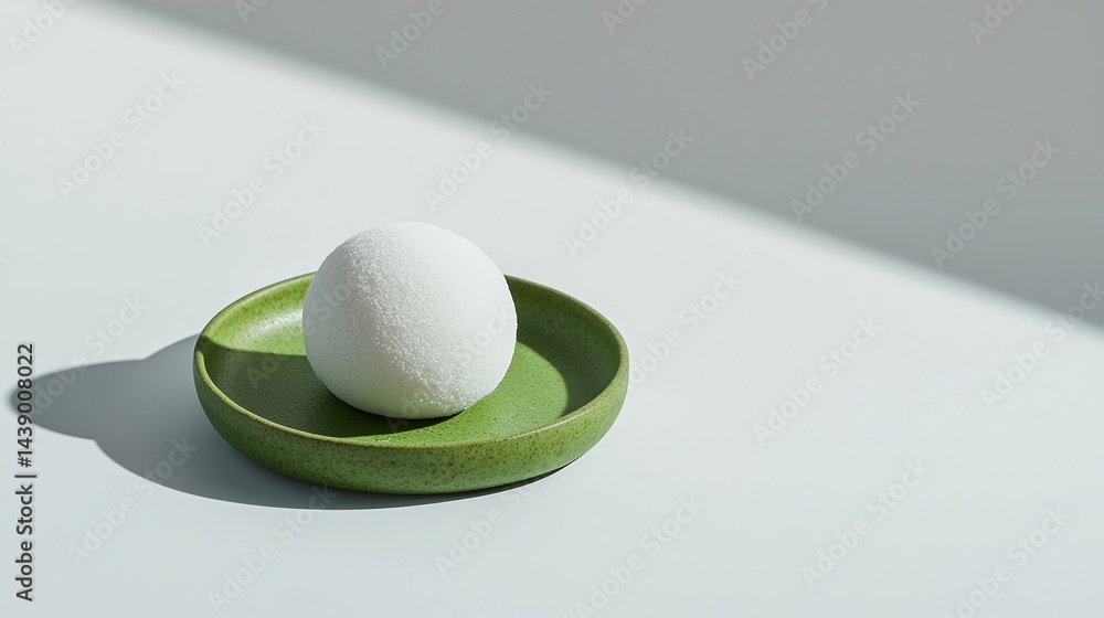 Poster a minimalist white sphere resting on a green plate, illuminated by soft light, creating a serene and