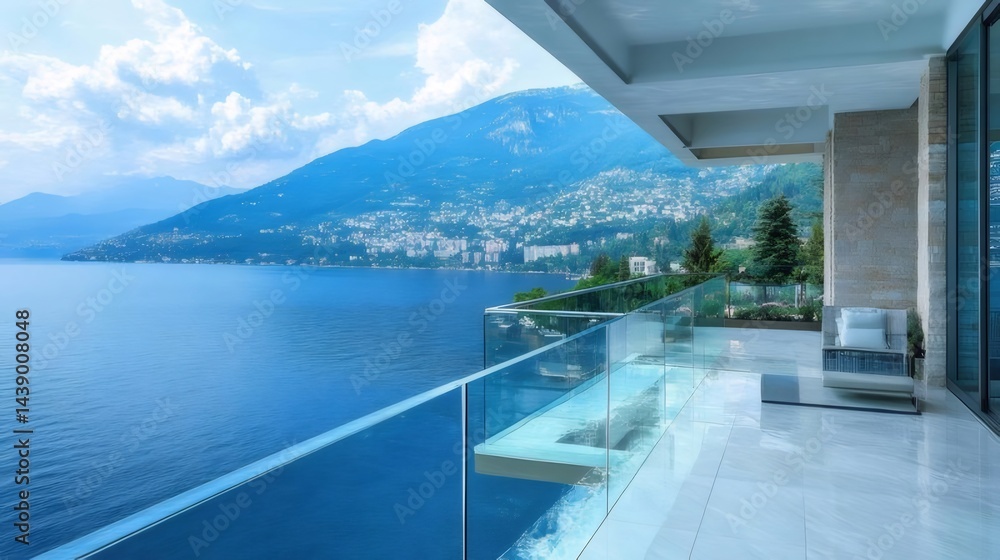 Poster 青い空と湖畔のテラスからの壮大な景色 青い水と緑豊かな山の背景 光に満ちたモダンな建築デザイン