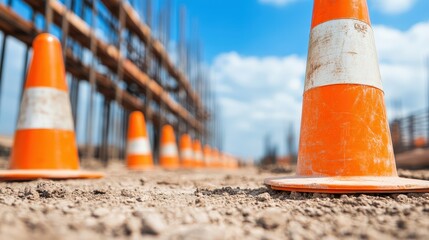 Construction site with orange traffic cones aligned on a dirt surface, showcasing a clear blue sky and scaffolding in the background.