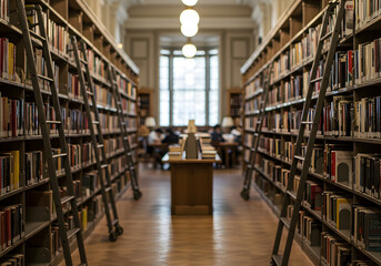 Grand Library Interior: Bookshelves, Students, Research, Education