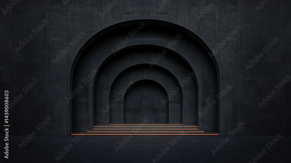 Poster a dark, minimalist interior featuring multiple arches with subtle lighting creating a striking visua