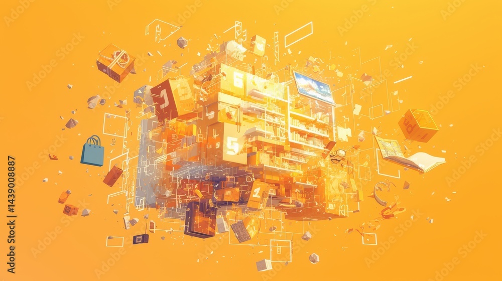 Poster exploding cube of digital elements, vibrant orange backdrop