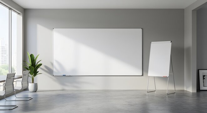 Empty Modern Office with Whiteboard, Flip Chart, and Plant