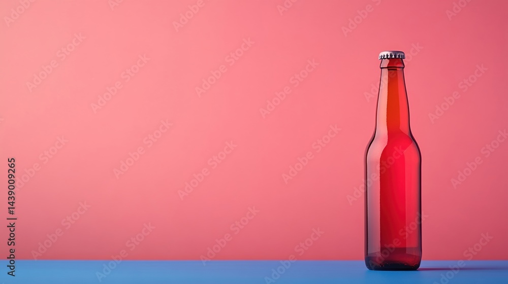 Poster a minimalist image of a red bottle on a blue surface against a pink backdrop, emphasizing simplicity