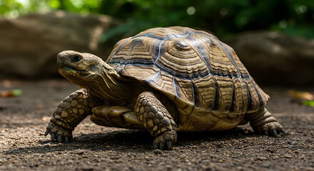Obraz premium African Spurred Tortoise Walking on Gravel Path in a Natural Habitat