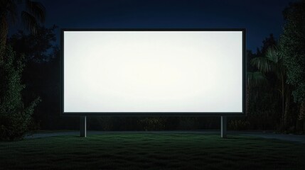 A blank billboard stands in a dark, serene outdoor setting, framed by lush greenery, inviting creativity and advertising potential.