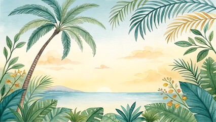 Obraz premium Tropical paradise island with palm trees on a sandy beach under the summer sun by the ocean