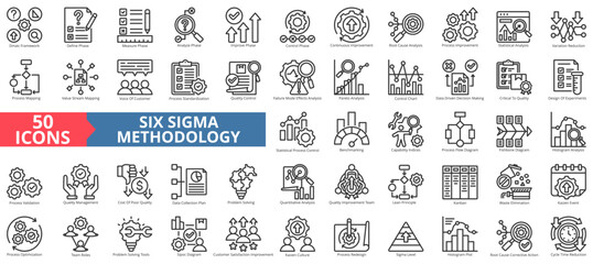 Six sigma methodology icon collection set. Containing dmaic framework, define, measure, analyze, continuous, improvement, root cause, process, analysis icon. Simple outline vector illustration.