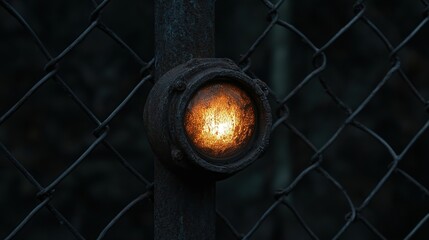 Obraz premium A close-up of a rusty light fixture on a chain-link fence, glowing softly in a dark environment, creating an eerie and atmospheric vibe.