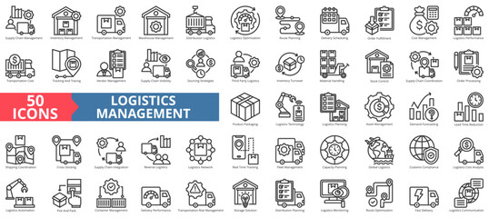 Logistics management icon collection set. Containing supply chain, inventory, transportation, warehouse, distribution, optimization, planning, scheduling icon. Simple outline vector illustration.