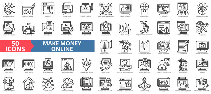 Make money online icon collection set. Containing marketing, affiliate, freelance writing, blogging, survey, content creation, social media management icon. Simple outline vector illustration.