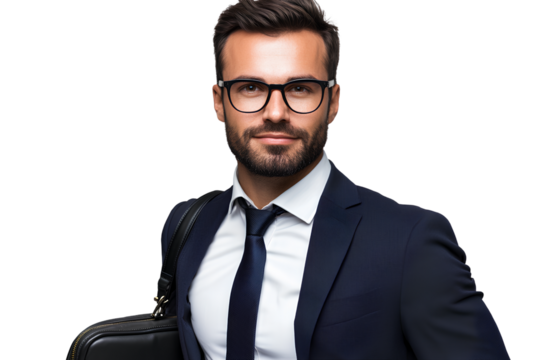  A well-dressed man in a suit, wearing glasses and carrying a black bag, against a transparent background. This PNG file is suitable for a business profile picture.png