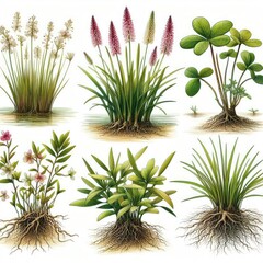 These are flowering plants that grow fully submerged in saltwater. They have roots, stems, and leaves, similar to grasses on land. Examples include turtle grass