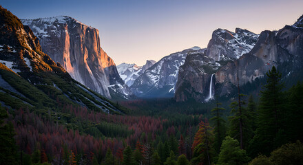 Yosemite Valley View with El Capitan and Waterfall at Dusk