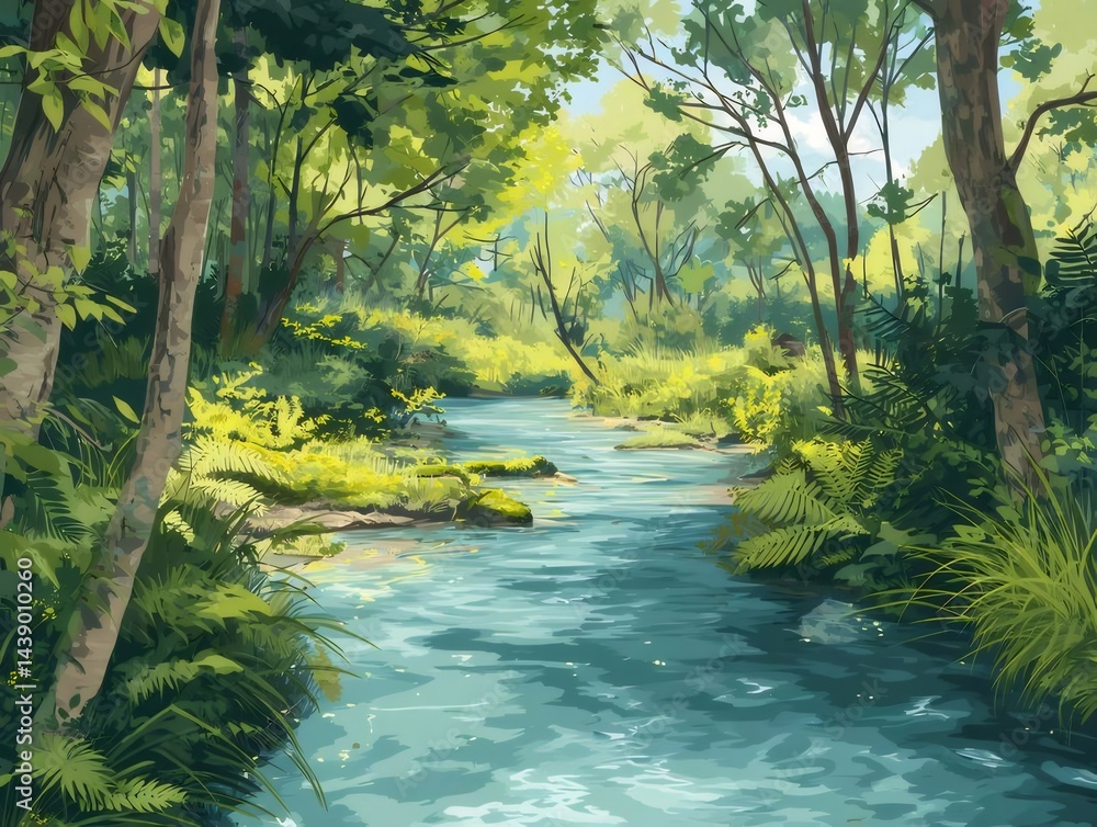 Aufkleber 緑豊かな森林地帯を流れる川の風景 晴れた日のピクセルアート 自然の光と影が織りなす美しい景色