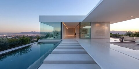 Modern Minimalist House Design with Infinity Pool and Stunning City Views at Dusk