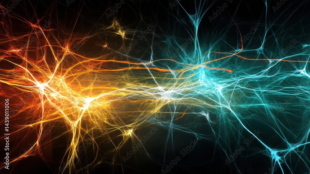Poster abstract representation of neural pathways illuminated by bright energy pulses in vibrant colors