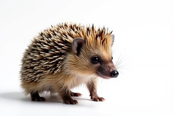 Fototapeta premium Brown hedgehog, spines visible, on plain white backdrop, image, nature, stock