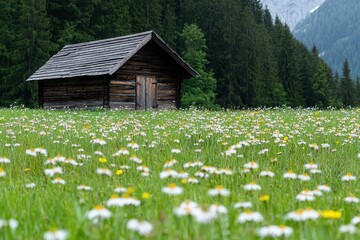 Rustic Wooden Cabin nestled in a vibrant Wildflower Meadow surrounded by lush green Forest