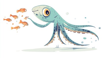 Cute cartoon octopus feeding fish