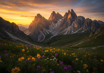 Fototapeta premium Stunning Sunset over the Dolomites Mountains with Wildflowers