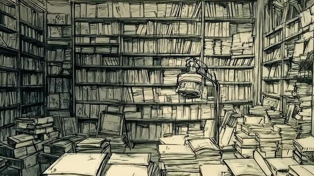 Books falling from shelves in bustling library room scene captured in motion sequence