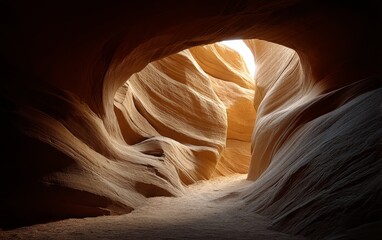 Lower Antelope Canyon with curved sandstone walls, golden light streaming from above creating dramatic shadows, natural desert formation