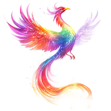 Majestic wind phoenix with rainbow-colored feathers isolated on transparent background