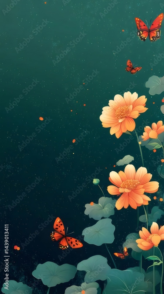 Aufkleber オレンジ色の花と赤い蝶が暗い背景に浮かぶ幻想的なデジタルアート作品