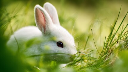 Adorable white rabbit in lush green grass, captured in natural sunlight with high-definition fur texture and innocent expression, perfect for wildlife stock imagery and heartwarming visuals