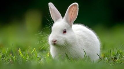 Fototapeta premium Adorable white rabbit in lush green grass, captured in natural sunlight with high-definition fur texture and innocent expression, perfect for wildlife stock imagery and heartwarming visuals