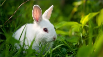 Fototapeta premium Adorable white rabbit in lush green grass, captured in natural sunlight with high-definition fur texture and innocent expression, perfect for wildlife stock imagery and heartwarming visuals