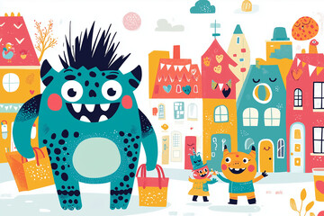 Fototapeta premium friendly cartoon monsters living in a small colorful town, houses with funny shapes, smiling monsters shopping and playing