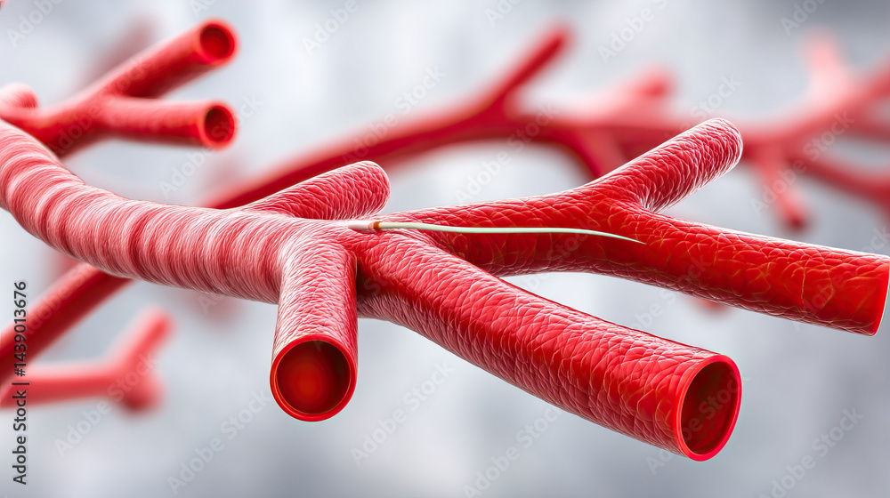 Poster close-up of red artery branches with visible textured walls and catheter insertion illustrating bloo