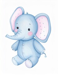 Fototapeta premium Watercolor illustration of cute blue elephant doll, perfect for kids decor