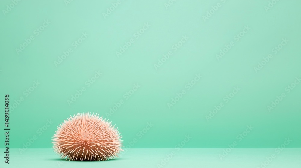 Poster a single, spiky object rests on a soft, mint green surface, creating a minimalist aesthetic with a c