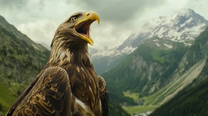Majestic bald eagle in the Alps with open beak, saliva droplets in mid-air, rugged mountain backdrop and lush valley below, hyper-detailed wildlife photography.